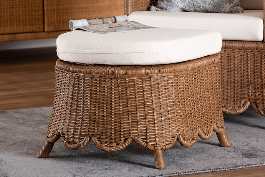 bali & pari Detta Natural Rattan Footstool with Cushion - Handwoven Wicker Ottoman with Scalloped Skirt Base for Coastal Lounge or Sunroom Seating