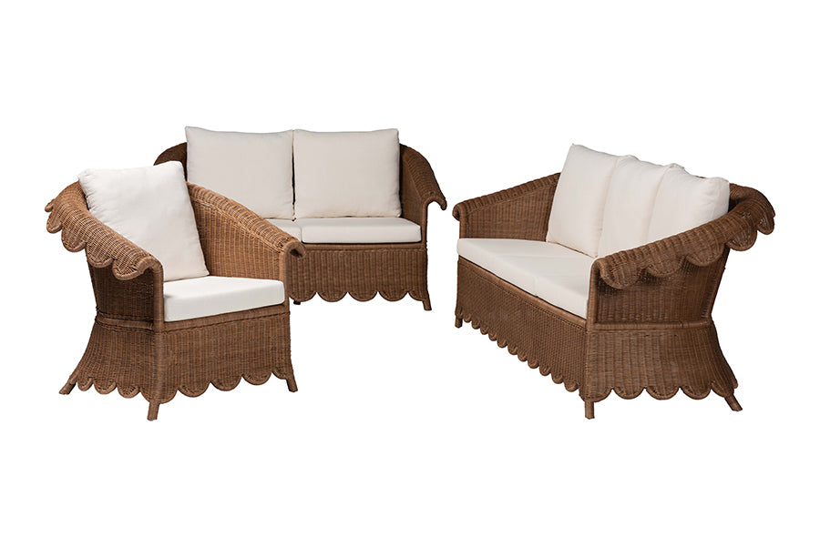 bali & pari Detta Natural Rattan 3-Piece Living Room Set - Handwoven Wicker Lounge Seating with Scalloped Skirt Base and Rolled Arms, Boho Coastal Style for Sunroom or Living Room