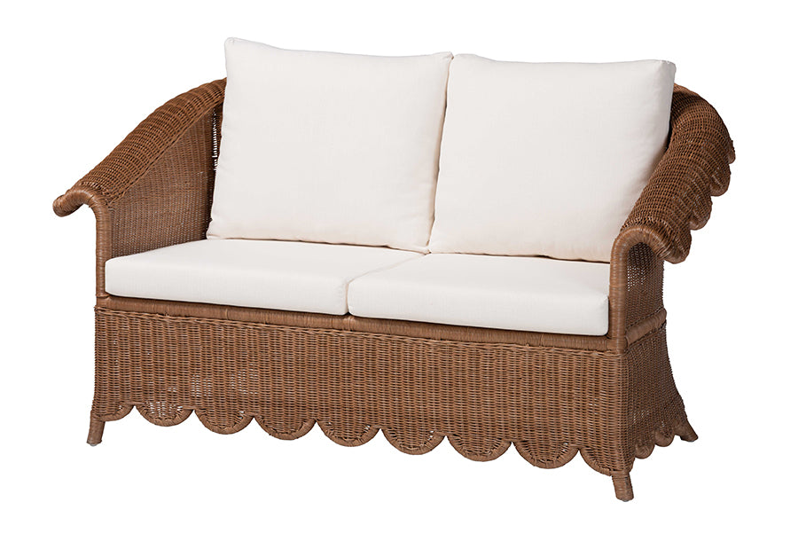bali & pari Detta Natural Rattan Loveseat with Cushion - Handwoven Wicker Settee with Rolled Arms and Scalloped Skirt Base, Boho Coastal Style for Sunroom or Lounge