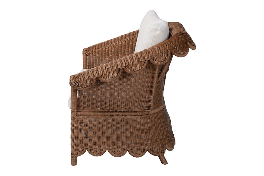 bali & pari Detta Natural Rattan Loveseat with Cushion - Handwoven Wicker Settee with Rolled Arms and Scalloped Skirt Base, Boho Coastal Style for Sunroom or Lounge