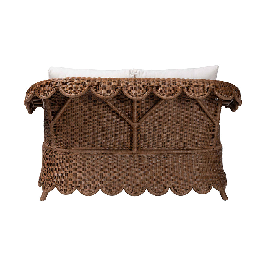 bali & pari Detta Natural Rattan Loveseat with Cushion - Handwoven Wicker Settee with Rolled Arms and Scalloped Skirt Base, Boho Coastal Style for Sunroom or Lounge