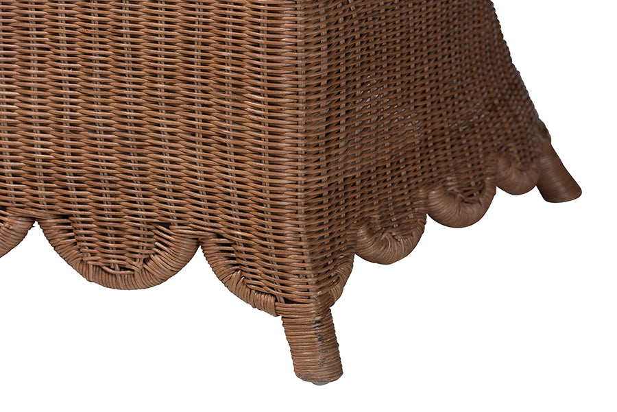 bali & pari Detta Natural Rattan Loveseat with Cushion - Handwoven Wicker Settee with Rolled Arms and Scalloped Skirt Base, Boho Coastal Style for Sunroom or Lounge