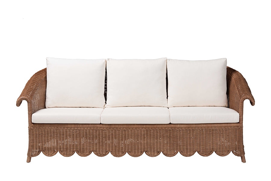 bali & pari Detta Natural Rattan Sofa with Cushion - Handwoven Wicker Settee with Rolled Arms and Scalloped Skirt Base, Boho Coastal Style for Sunroom or Lounge
