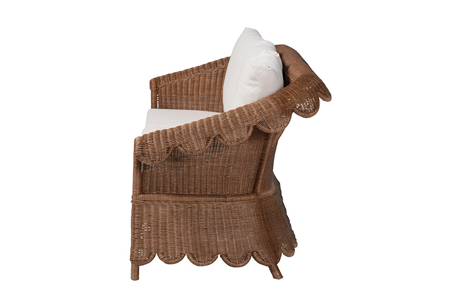 bali & pari Detta Natural Rattan Sofa with Cushion - Handwoven Wicker Settee with Rolled Arms and Scalloped Skirt Base, Boho Coastal Style for Sunroom or Lounge