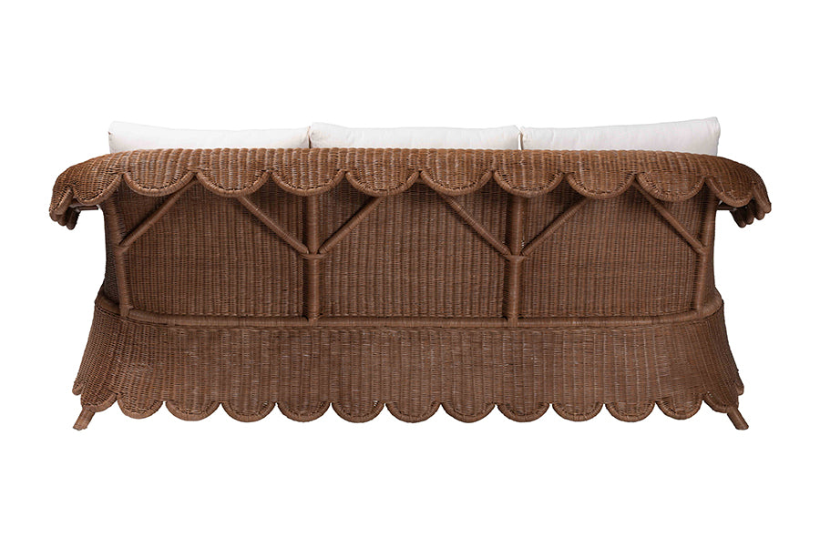 bali & pari Detta Natural Rattan Sofa with Cushion - Handwoven Wicker Settee with Rolled Arms and Scalloped Skirt Base, Boho Coastal Style for Sunroom or Lounge