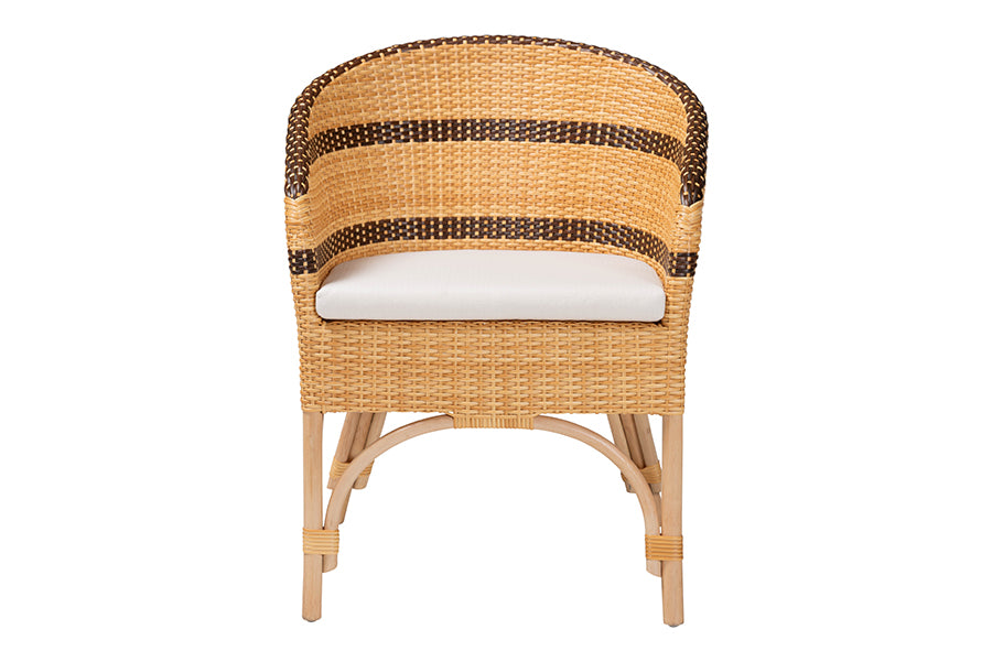 bali & pari Elma Rattan Dining Chair with Cushion - Barrel-Back Accent Chair with Synthetic Woven and Natural Rattan Frame, Boho Coastal Style Seating for Dining or Living Room