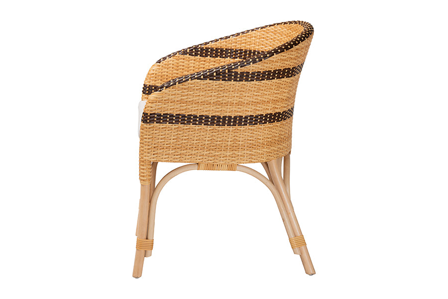 bali & pari Elma Rattan Dining Chair with Cushion - Barrel-Back Accent Chair with Synthetic Woven and Natural Rattan Frame, Boho Coastal Style Seating for Dining or Living Room