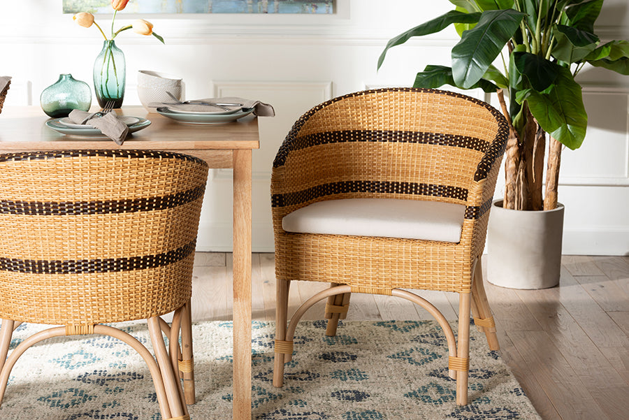 bali & pari Elma Rattan Dining Chair with Cushion - Barrel-Back Accent Chair with Synthetic Woven and Natural Rattan Frame, Boho Coastal Style Seating for Dining or Living Room