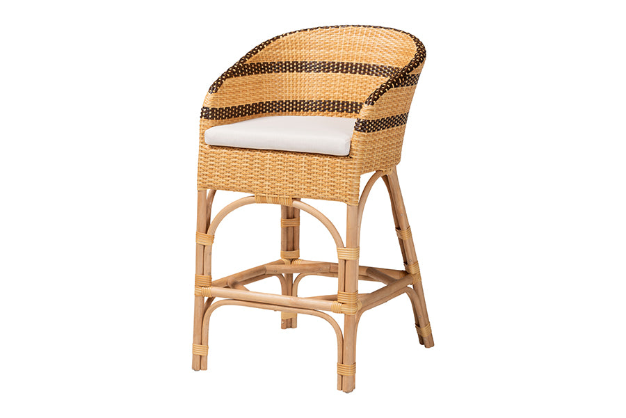 bali & pari Elma Rattan Counter Stool with Cushion - Barrel-Back Counter Chair with Synthetic Woven and Natural Rattan Frame, Boho Coastal Style Seating for Kitchen or Lounge