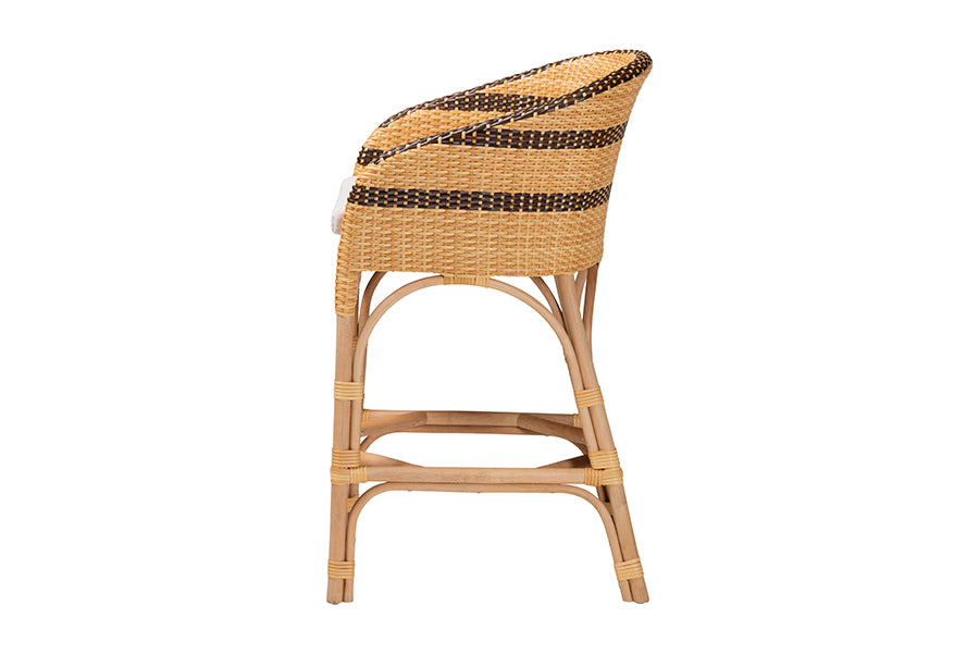 bali & pari Elma Rattan Counter Stool with Cushion - Barrel-Back Counter Chair with Synthetic Woven and Natural Rattan Frame, Boho Coastal Style Seating for Kitchen or Lounge