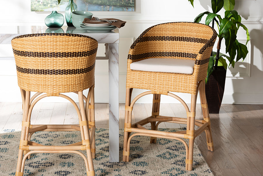 bali & pari Elma Rattan Counter Stool with Cushion - Barrel-Back Counter Chair with Synthetic Woven and Natural Rattan Frame, Boho Coastal Style Seating for Kitchen or Lounge