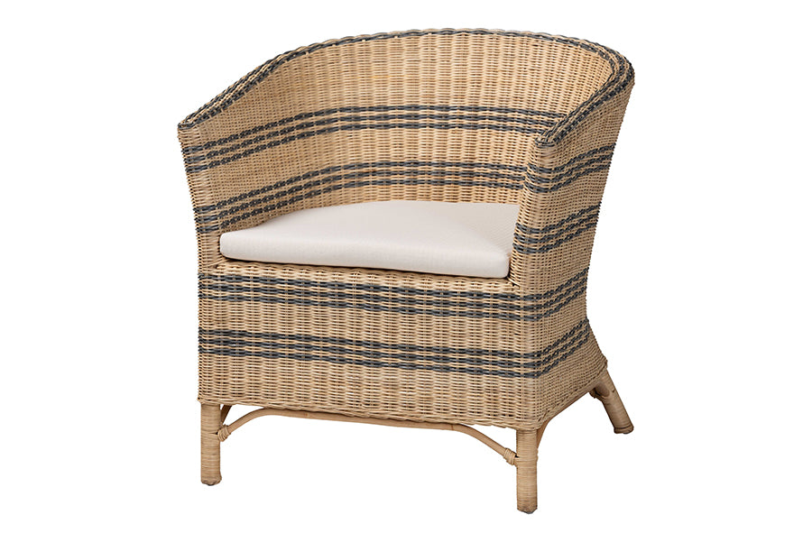 bali & pari Elda Natural Rattan Accent Chair - Wicker Barrel-Back Chair with Two-Tone Woven Stripes and Cushion, Coastal Boho Style Seating for Living Room or Sunroom