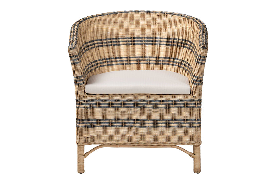 bali & pari Elda Natural Rattan Accent Chair - Wicker Barrel-Back Chair with Two-Tone Woven Stripes and Cushion, Coastal Boho Style Seating for Living Room or Sunroom