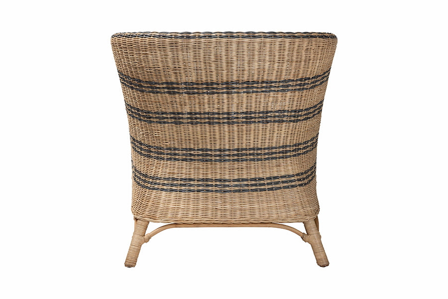 bali & pari Elda Natural Rattan Accent Chair - Wicker Barrel-Back Chair with Two-Tone Woven Stripes and Cushion, Coastal Boho Style Seating for Living Room or Sunroom