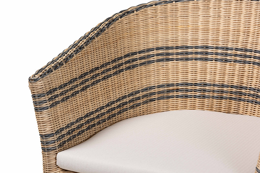 bali & pari Elda Natural Rattan Accent Chair - Wicker Barrel-Back Chair with Two-Tone Woven Stripes and Cushion, Coastal Boho Style Seating for Living Room or Sunroom