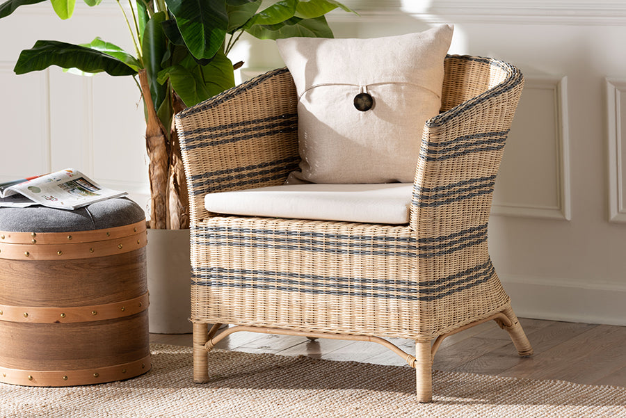 bali & pari Elda Natural Rattan Accent Chair - Wicker Barrel-Back Chair with Two-Tone Woven Stripes and Cushion, Coastal Boho Style Seating for Living Room or Sunroom