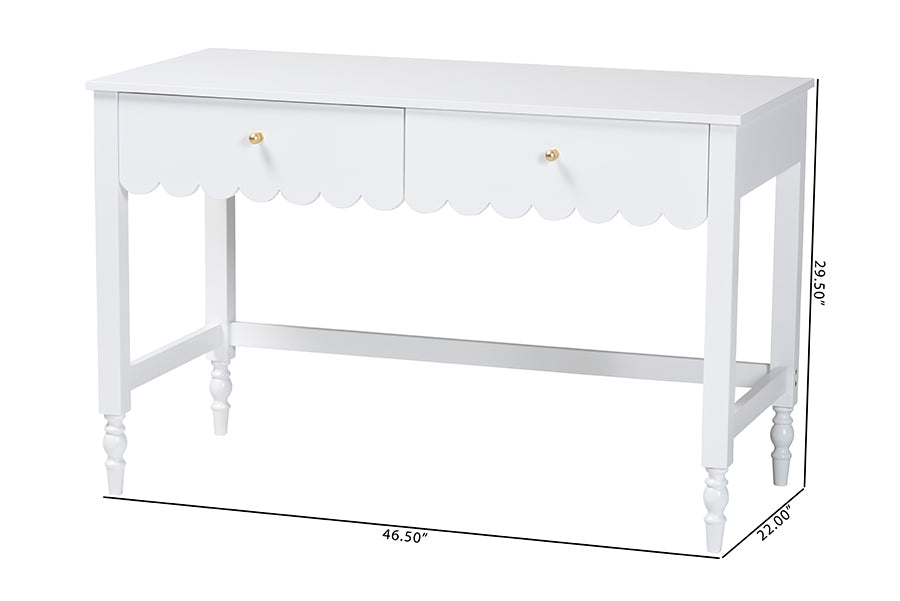 Baxton Studio Roni Writing Desk with Drawers - Modern Cottage Style Desk with Scalloped Detailing for Home Office or Vanity, White