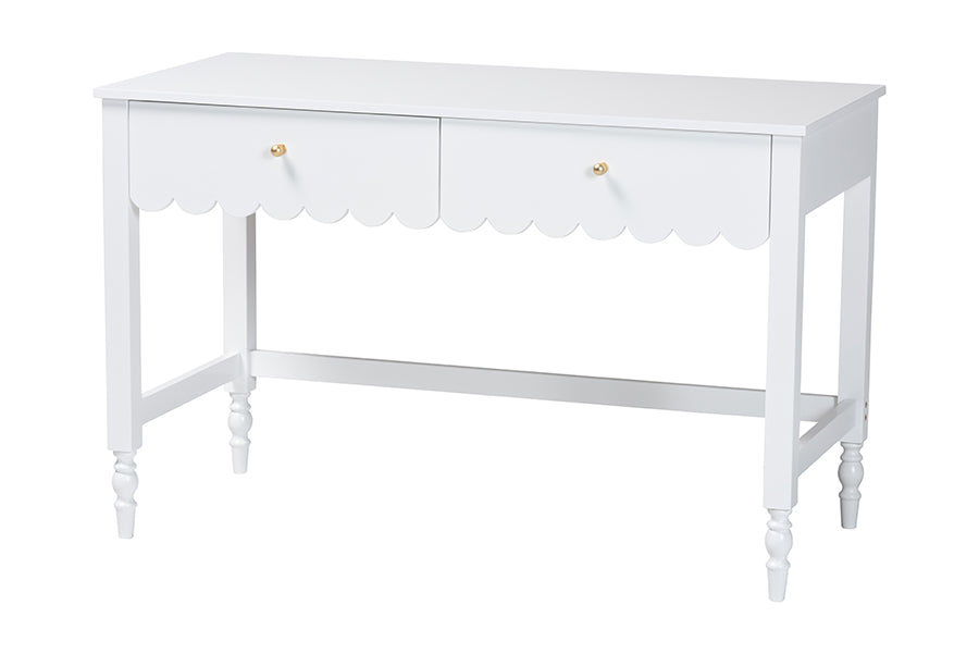 Baxton Studio Roni Writing Desk with Drawers - Modern Cottage Style Desk with Scalloped Detailing for Home Office or Vanity, White