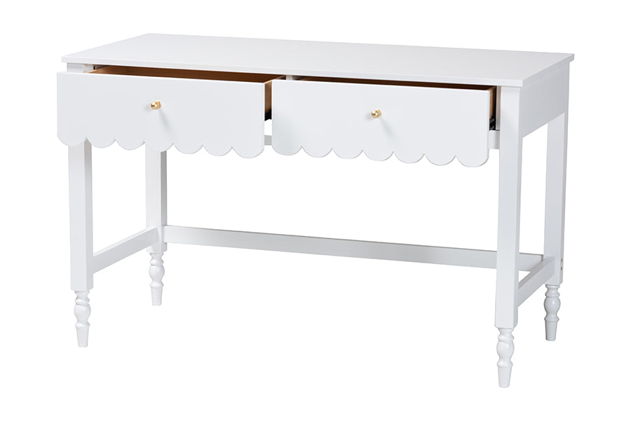 Baxton Studio Roni Writing Desk with Drawers - Modern Cottage Style Desk with Scalloped Detailing for Home Office or Vanity, White