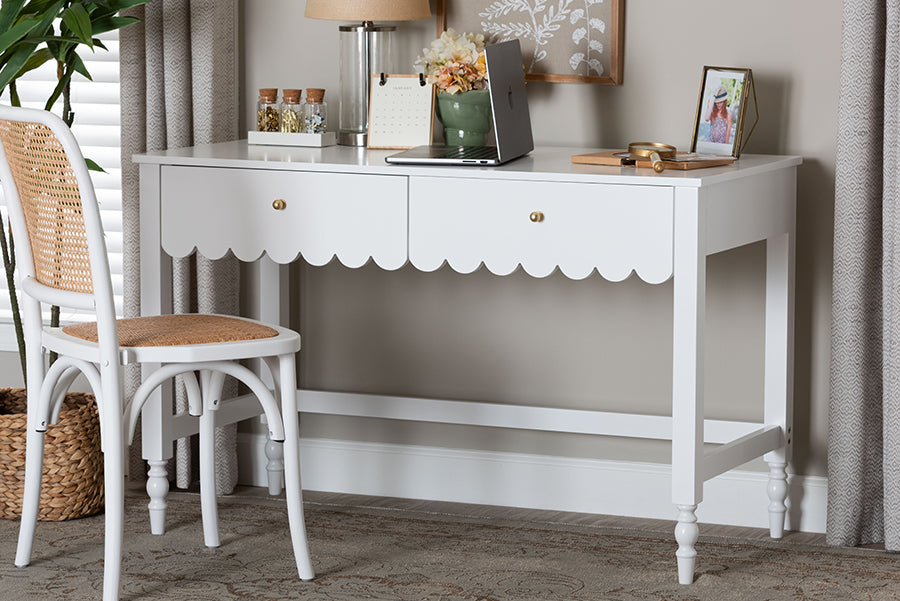 Baxton Studio Roni Writing Desk with Drawers - Modern Cottage Style Desk with Scalloped Detailing for Home Office or Vanity, White
