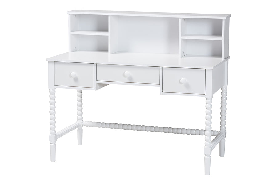 Baxton Studio Archwood Writing Desk with Hutch - 3-Drawer Wood Desk with Bobbin Design for Home Office or Bedroom Workspace, White