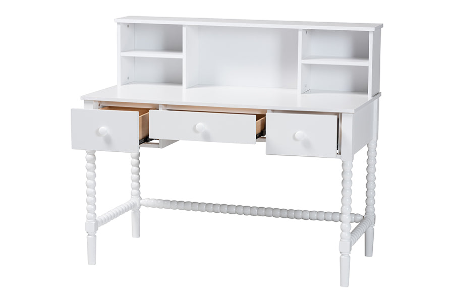Baxton Studio Archwood Writing Desk with Hutch - 3-Drawer Wood Desk with Bobbin Design for Home Office or Bedroom Workspace, White