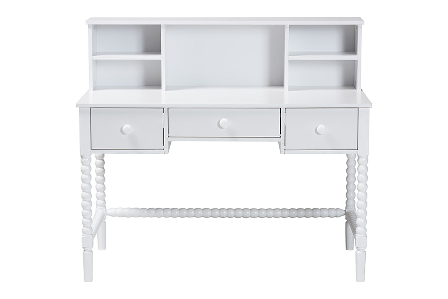 Baxton Studio Archwood Writing Desk with Hutch - 3-Drawer Wood Desk with Bobbin Design for Home Office or Bedroom Workspace, White