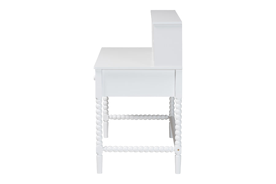 Baxton Studio Archwood Writing Desk with Hutch - 3-Drawer Wood Desk with Bobbin Design for Home Office or Bedroom Workspace, White