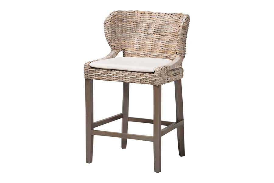 bali & pari Niesha Kubu Rattan Counter Stool with Cushion - Handwoven Wicker Accent Stool with Flared Arms Design for Kitchen Island