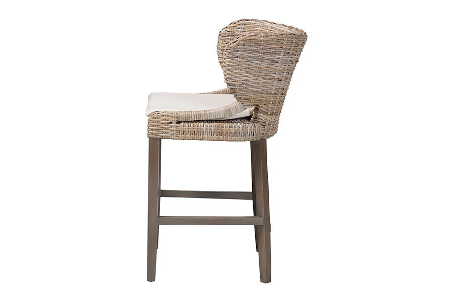 bali & pari Niesha Kubu Rattan Counter Stool with Cushion - Handwoven Wicker Accent Stool with Flared Arms Design for Kitchen Island