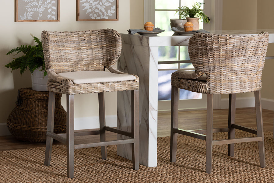 bali & pari Niesha Kubu Rattan Counter Stool with Cushion - Handwoven Wicker Accent Stool with Flared Arms Design for Kitchen Island