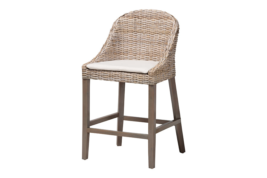 bali & pari Lara Kubu Rattan Counter Stool with Cushion - Handwoven Wicker Accent Stool with Wingback Design for Kitchen Island