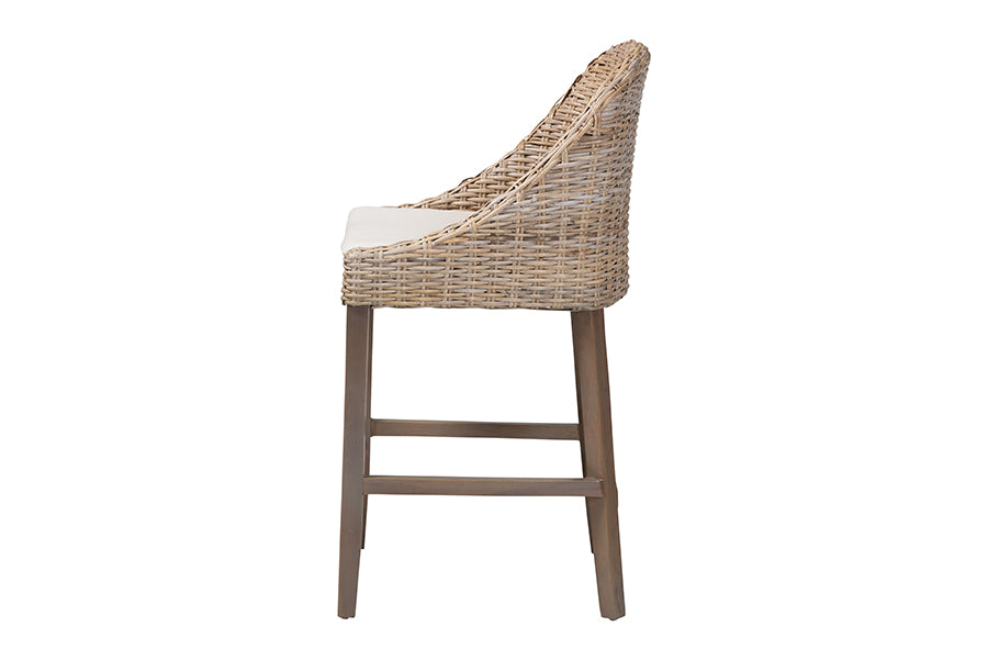 bali & pari Lara Kubu Rattan Counter Stool with Cushion - Handwoven Wicker Accent Stool with Wingback Design for Kitchen Island