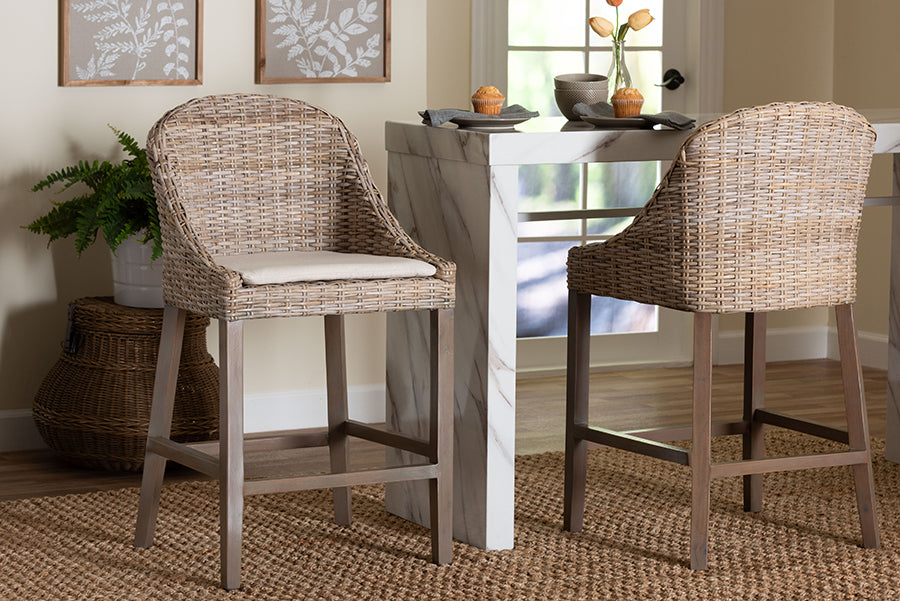 bali & pari Lara Kubu Rattan Counter Stool with Cushion - Handwoven Wicker Accent Stool with Wingback Design for Kitchen Island