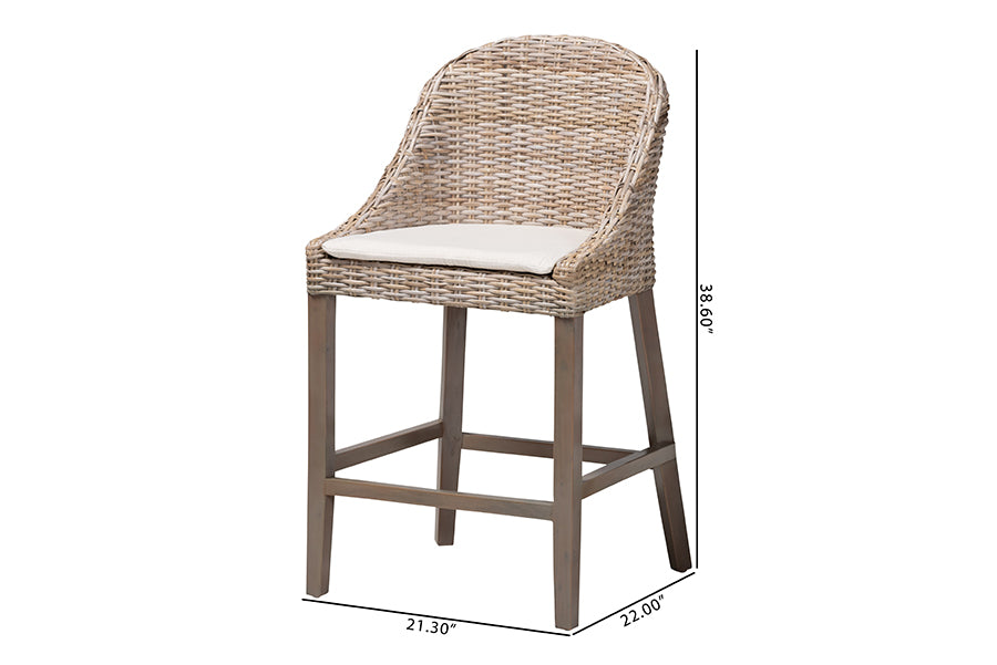 bali & pari Lara Kubu Rattan Counter Stool with Cushion - Handwoven Wicker Accent Stool with Wingback Design for Kitchen Island
