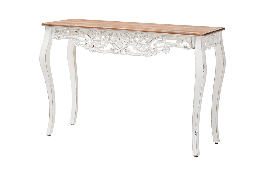 Baxton Studio Riquin Distressed Wood Console Table - Carved Wood Accent Table with Floral Motif and Two-Tone Finishing