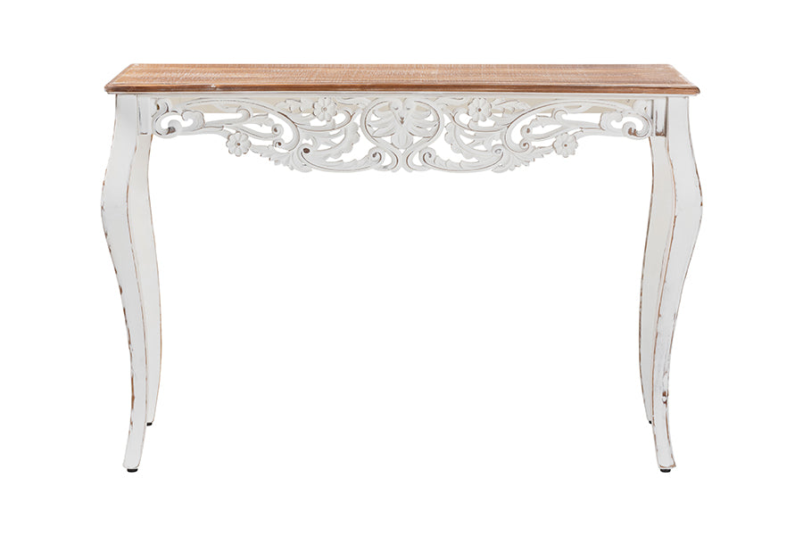Baxton Studio Riquin Distressed Wood Console Table - Carved Wood Accent Table with Floral Motif and Two-Tone Finishing