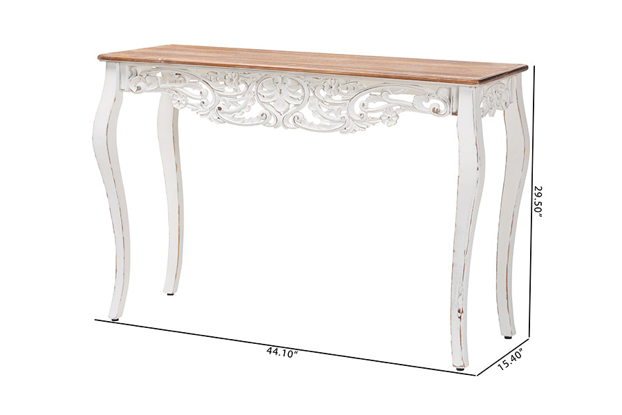 Baxton Studio Riquin Distressed Wood Console Table - Carved Wood Accent Table with Floral Motif and Two-Tone Finishing
