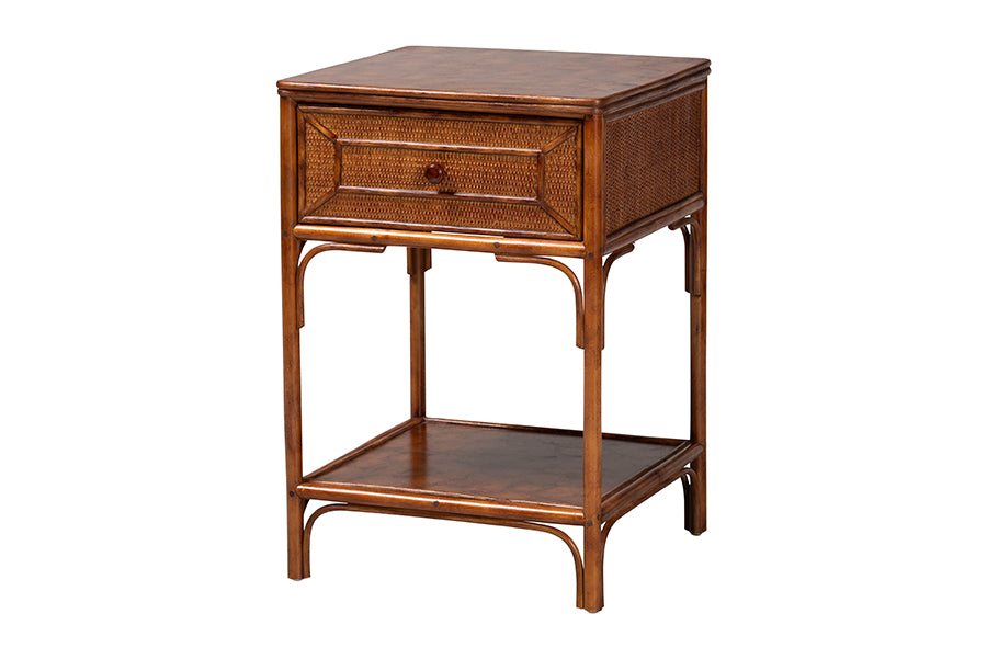 bali & pari Basile Marbled Tortoise Natural Rattan End Table - Handwoven Wicker Accent Table with Geometric Overlay Drawer and Open Shelf for Living Room