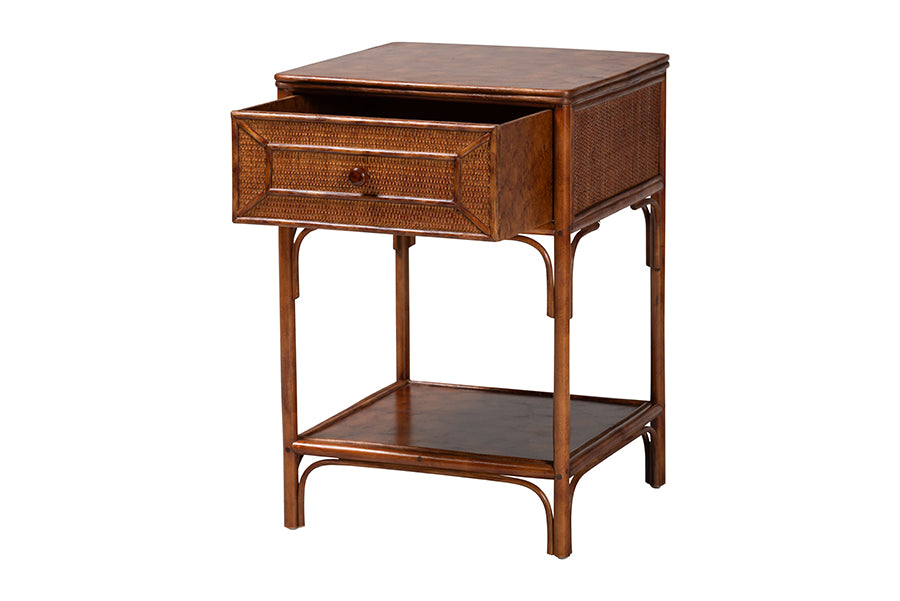 bali & pari Basile Marbled Tortoise Natural Rattan End Table - Handwoven Wicker Accent Table with Geometric Overlay Drawer and Open Shelf for Living Room