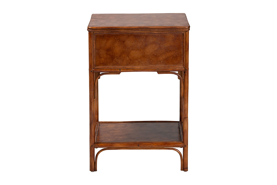 bali & pari Basile Marbled Tortoise Natural Rattan End Table - Handwoven Wicker Accent Table with Geometric Overlay Drawer and Open Shelf for Living Room