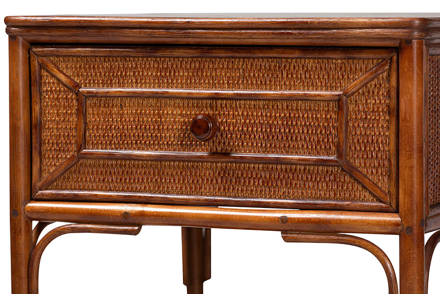 bali & pari Basile Marbled Tortoise Natural Rattan End Table - Handwoven Wicker Accent Table with Geometric Overlay Drawer and Open Shelf for Living Room