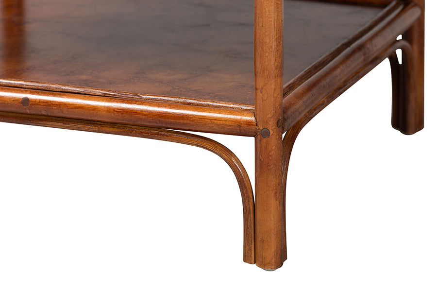 bali & pari Basile Marbled Tortoise Natural Rattan End Table - Handwoven Wicker Accent Table with Geometric Overlay Drawer and Open Shelf for Living Room