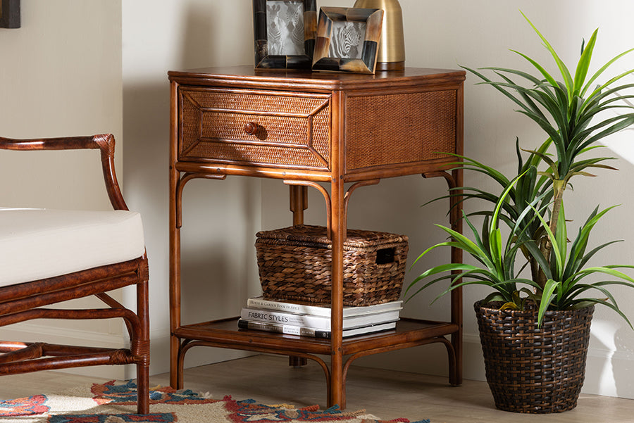 bali & pari Basile Marbled Tortoise Natural Rattan End Table - Handwoven Wicker Accent Table with Geometric Overlay Drawer and Open Shelf for Living Room