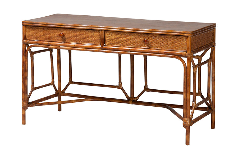 bali & pari Basile Marbled Tortoise Natural Rattan Desk - 2-Drawer Writing Desk with Open Geometric Frame and Woven Detailing for Home Office