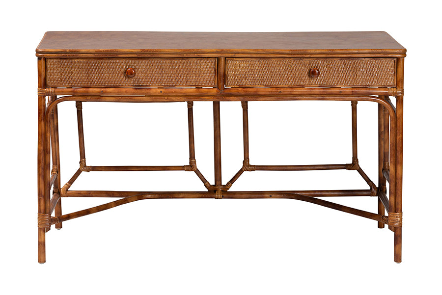 bali & pari Basile Marbled Tortoise Natural Rattan Desk - 2-Drawer Writing Desk with Open Geometric Frame and Woven Detailing for Home Office