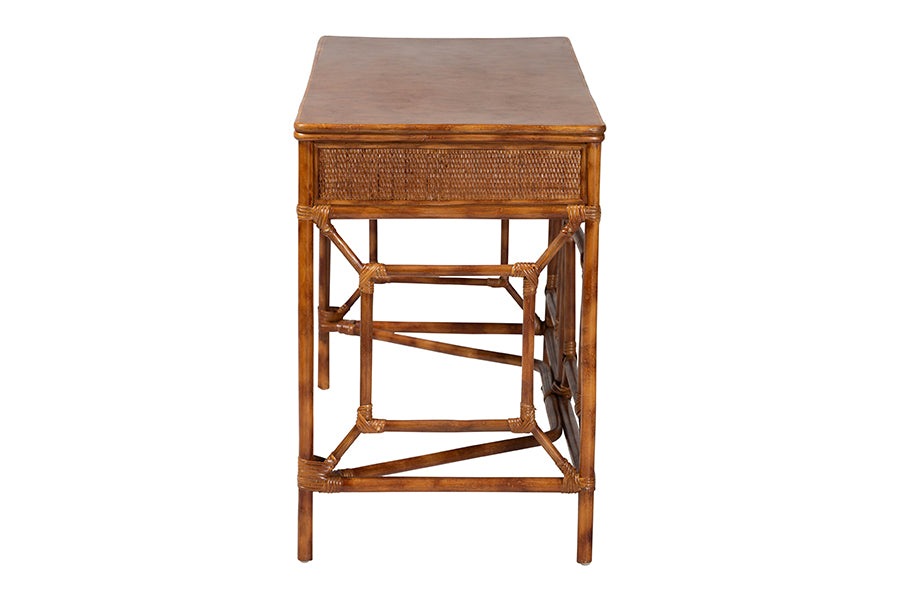 bali & pari Basile Marbled Tortoise Natural Rattan Desk - 2-Drawer Writing Desk with Open Geometric Frame and Woven Detailing for Home Office