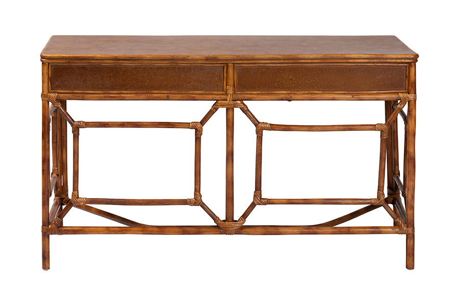 bali & pari Basile Marbled Tortoise Natural Rattan Desk - 2-Drawer Writing Desk with Open Geometric Frame and Woven Detailing for Home Office