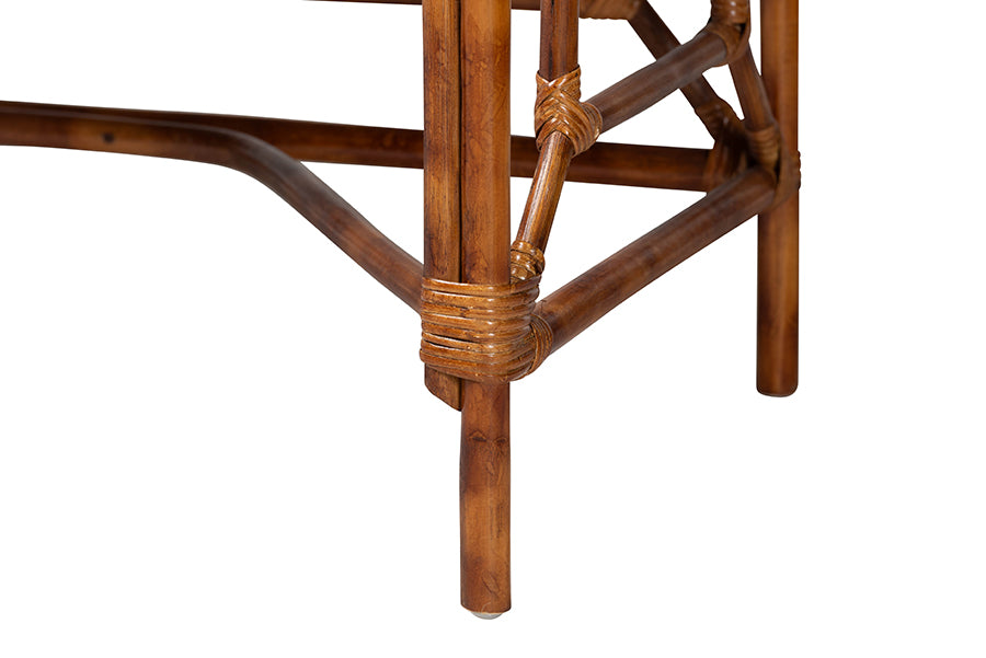bali & pari Basile Marbled Tortoise Natural Rattan Desk - 2-Drawer Writing Desk with Open Geometric Frame and Woven Detailing for Home Office