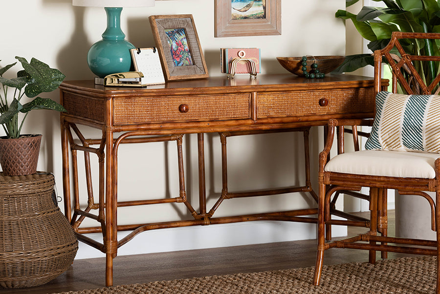 bali & pari Basile Marbled Tortoise Natural Rattan Desk - 2-Drawer Writing Desk with Open Geometric Frame and Woven Detailing for Home Office